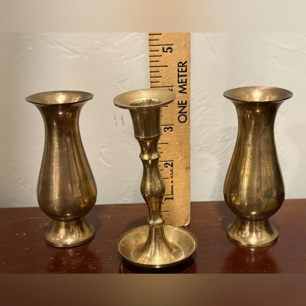 EUC Set Of 3 —2 Solid Brass Bud Vases & 1 Candleholder Made‎ in India